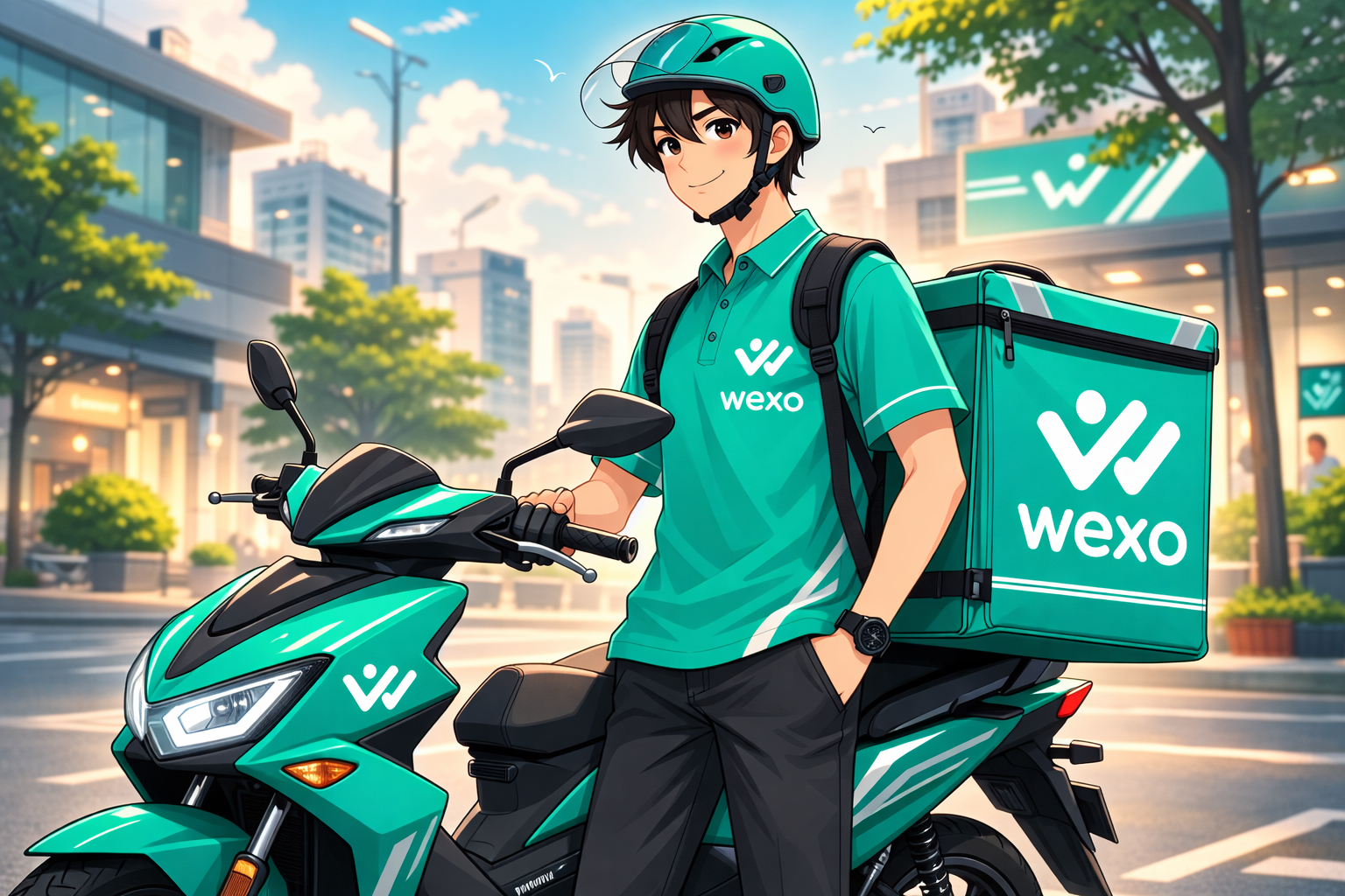 Wexo delivery rider with motorcycle and delivery bag in the city